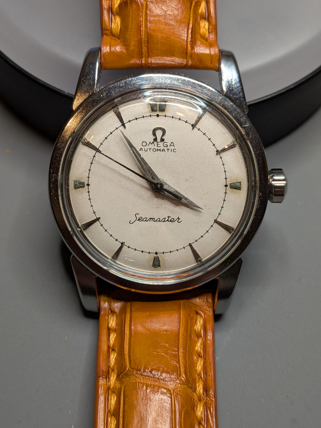 Omega seamaster white keystone dial, brown strap silver case