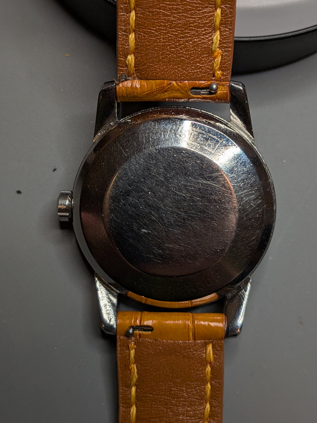 Omega seamaster white keystone dial, brown strap silver case