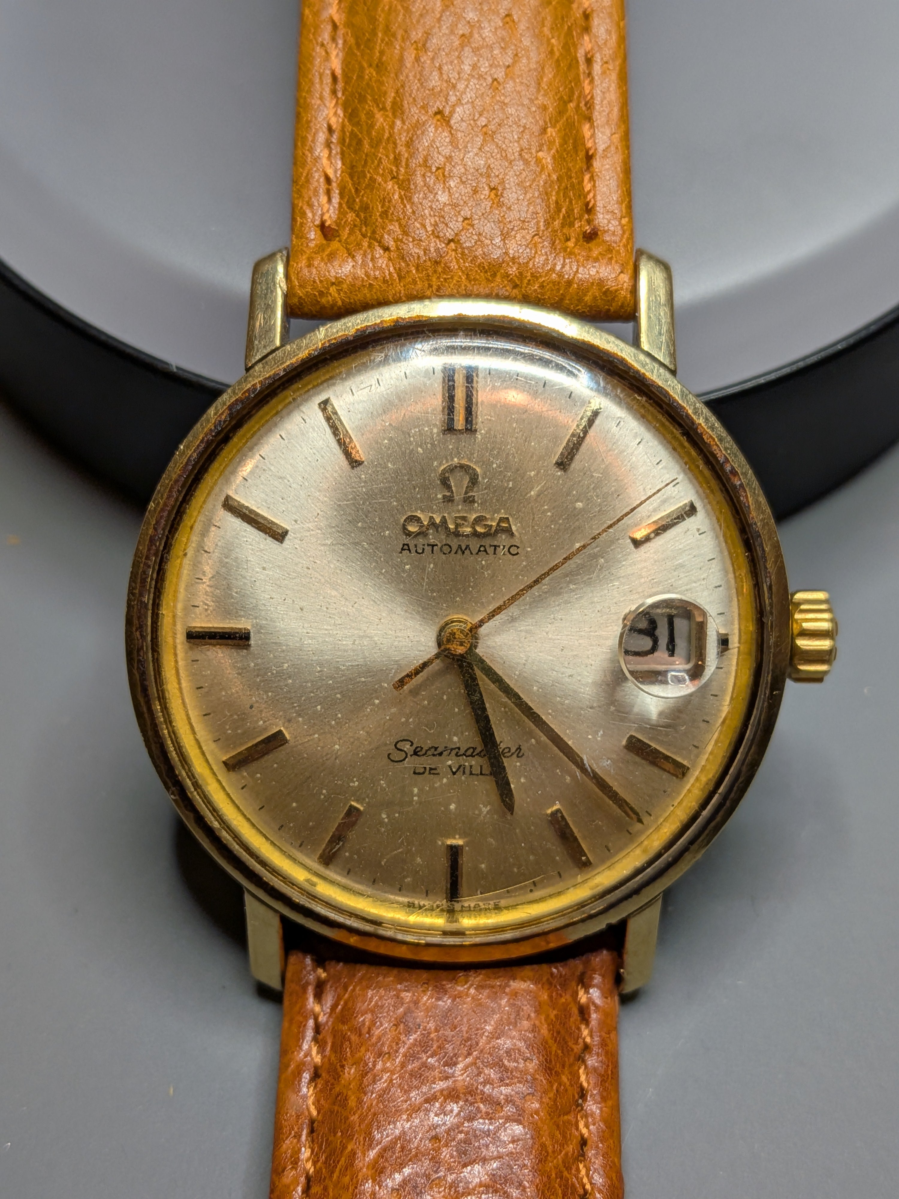 Omega Seamaster Deville auto, silver dial, gold case, brown strap