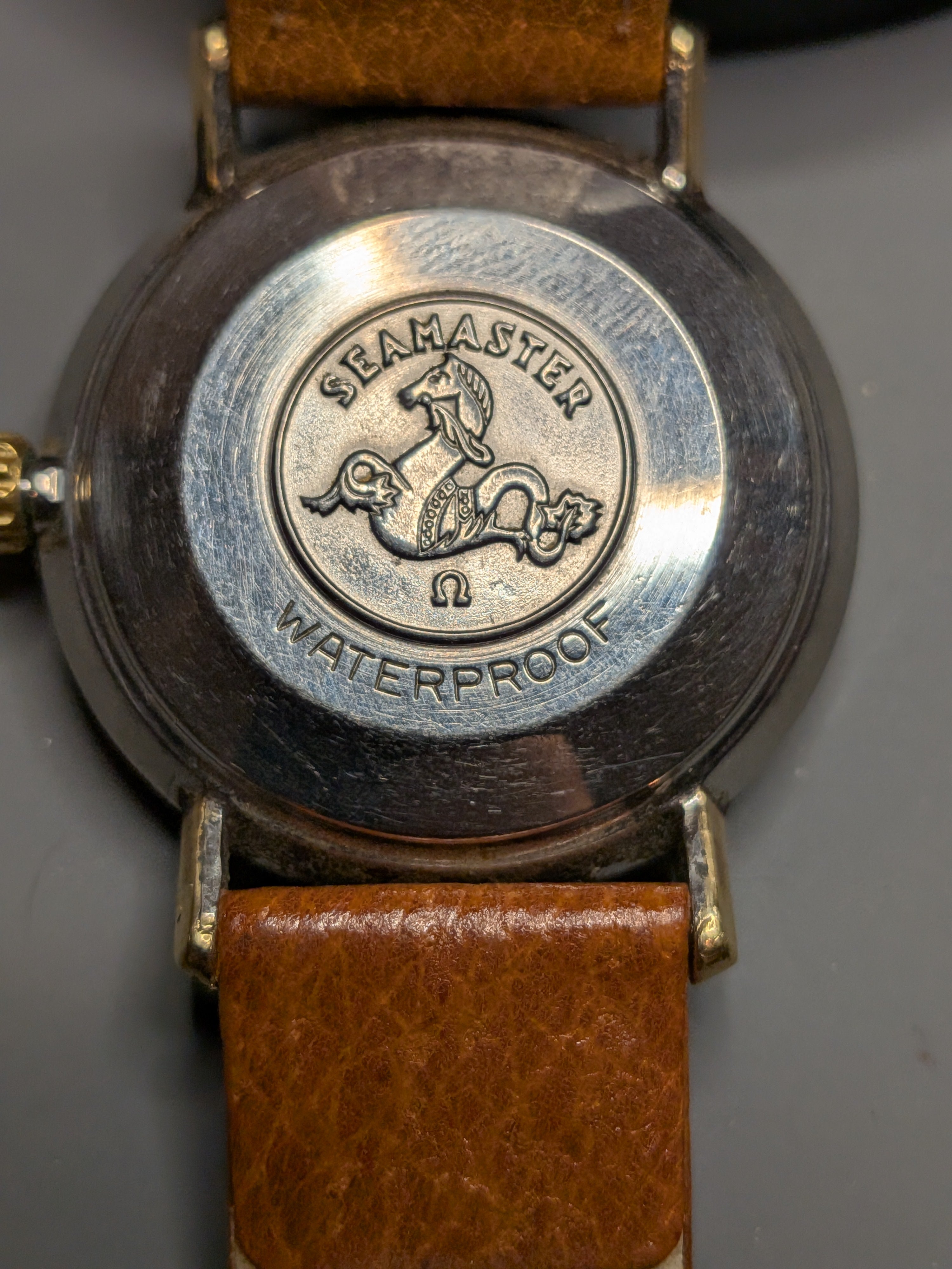 Omega Seamaster Deville auto, silver dial, gold case, brown strap