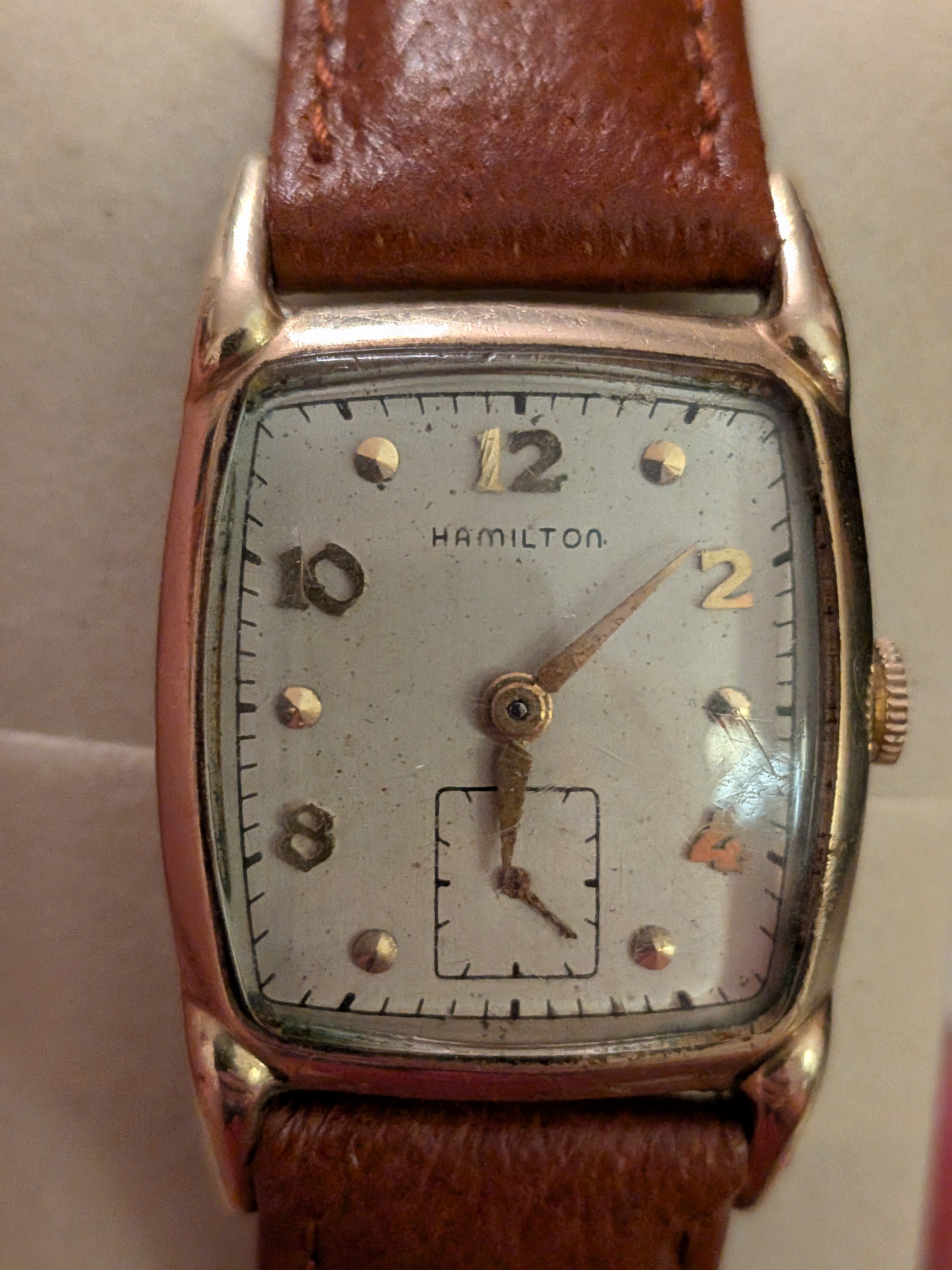 Hamilton Tank, gold on brown strap