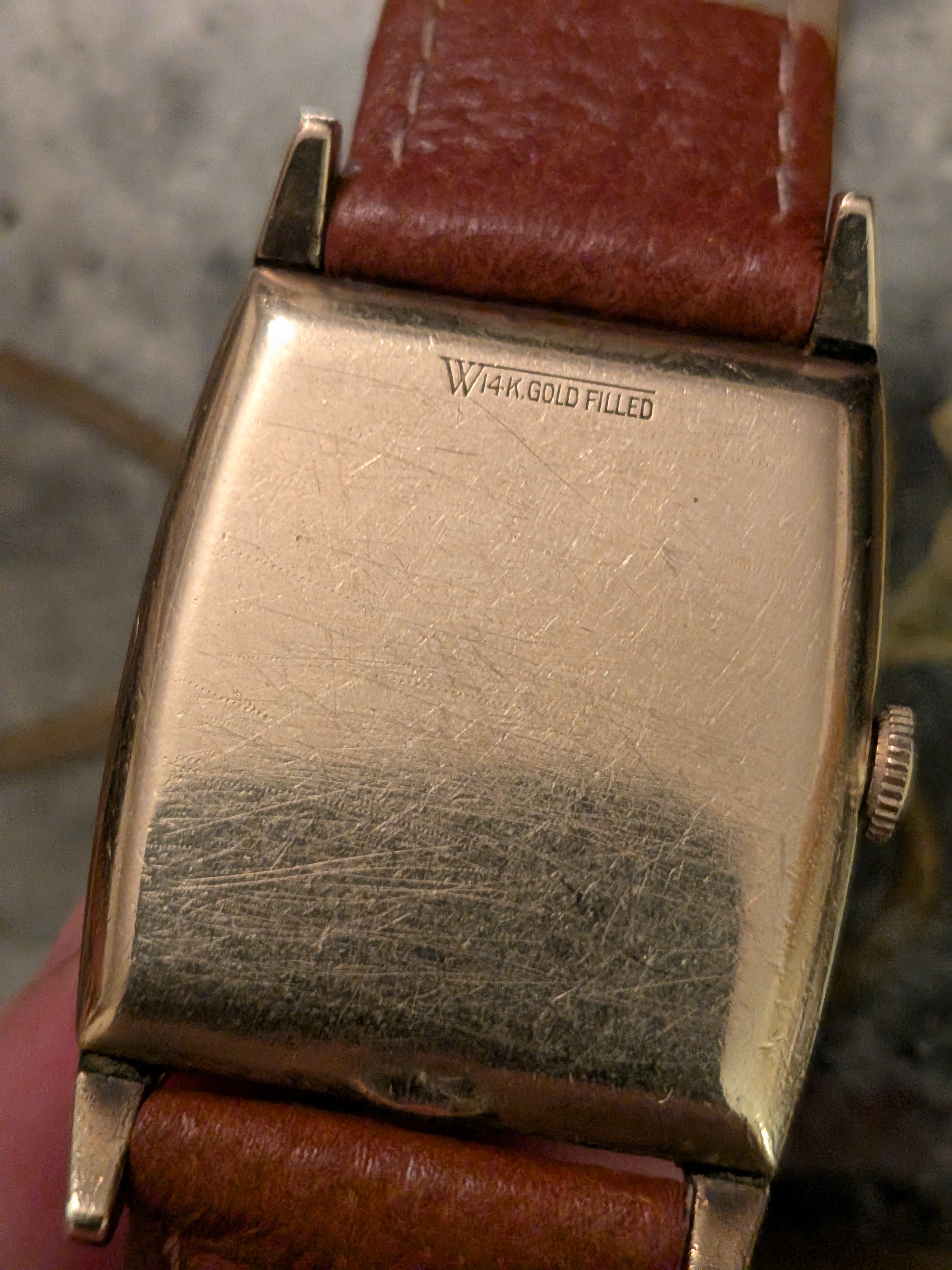 Hamilton Tank, gold on brown strap