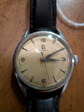 Omega - silver, black strap, arrow head dial